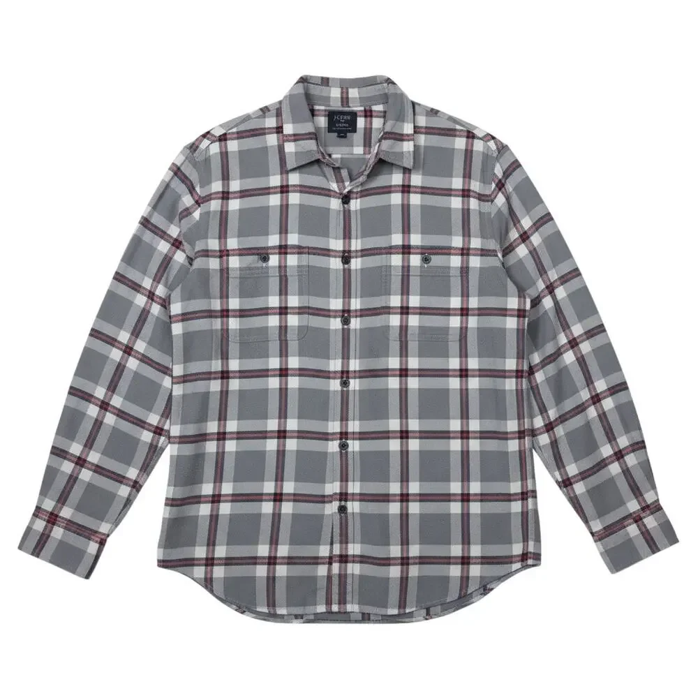 J.Crew Shirt Men Large Gray Plaid Flannel Button Front Long Sleeve Shirt Pockets